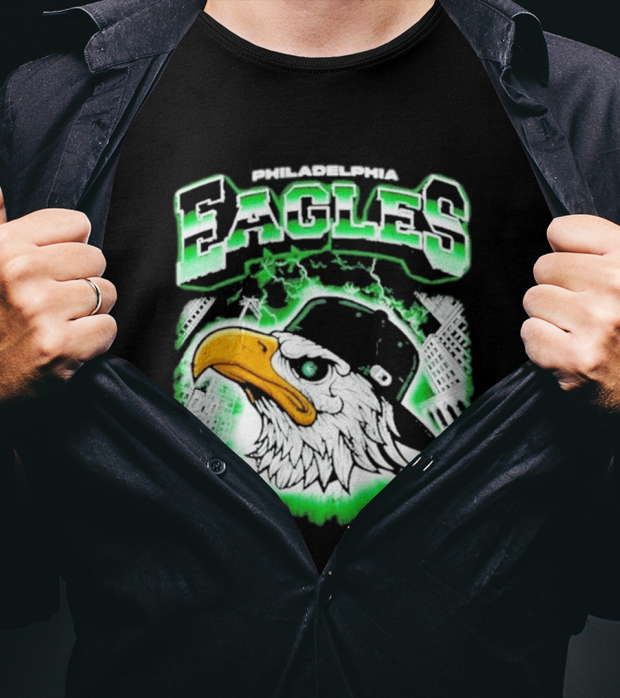 Philadelphia Eagles Mascot With Baseball Cap And City Skyline T-Shirt