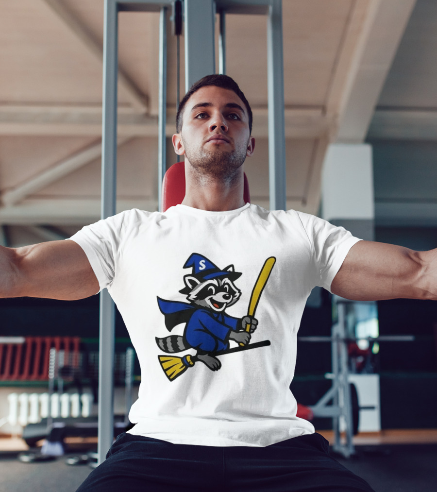 Seattle Mariners Jimothy The Etsy Witch Raccoon Flying Broomstick T-Shirt