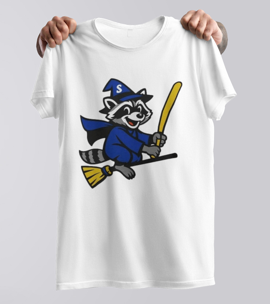 Seattle Mariners Jimothy The Etsy Witch Raccoon Flying Broomstick T-Shirt