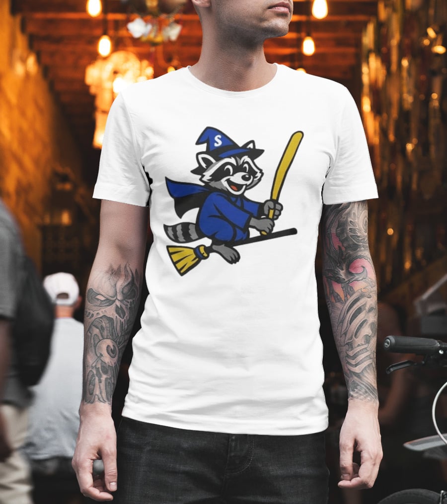 Seattle Mariners Jimothy The Etsy Witch Raccoon Flying Broomstick T-Shirt
