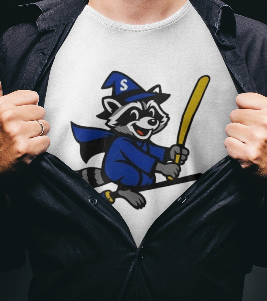 Seattle Mariners Jimothy The Etsy Witch Raccoon Flying Broomstick T-Shirt