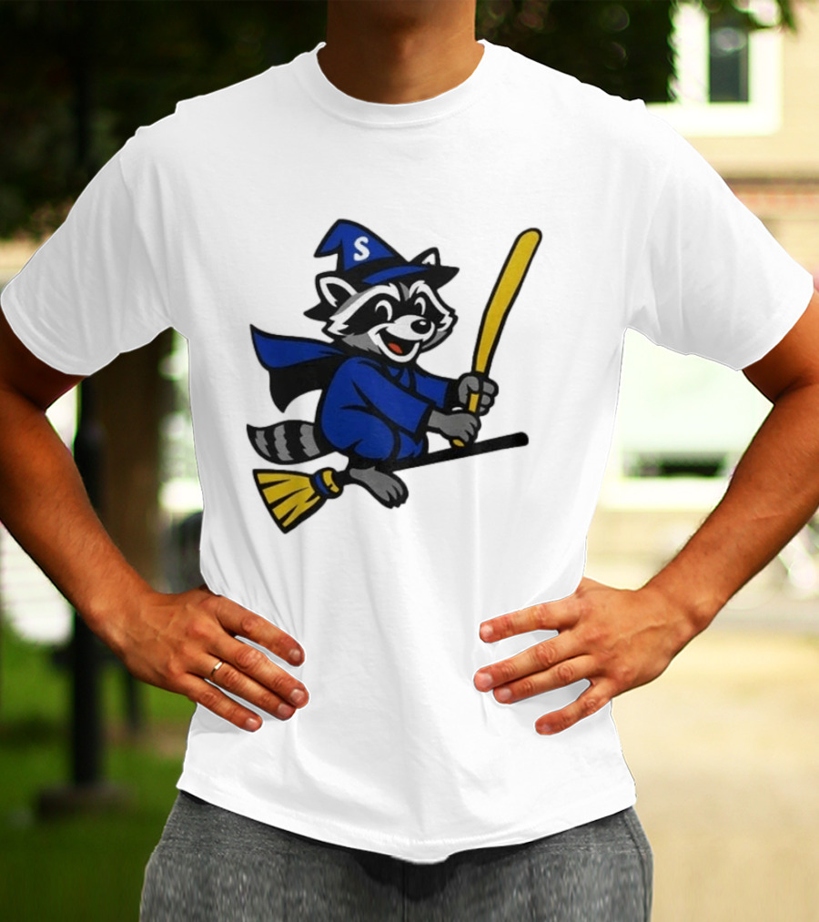 Seattle Mariners Jimothy The Etsy Witch Raccoon Flying Broomstick T-Shirt