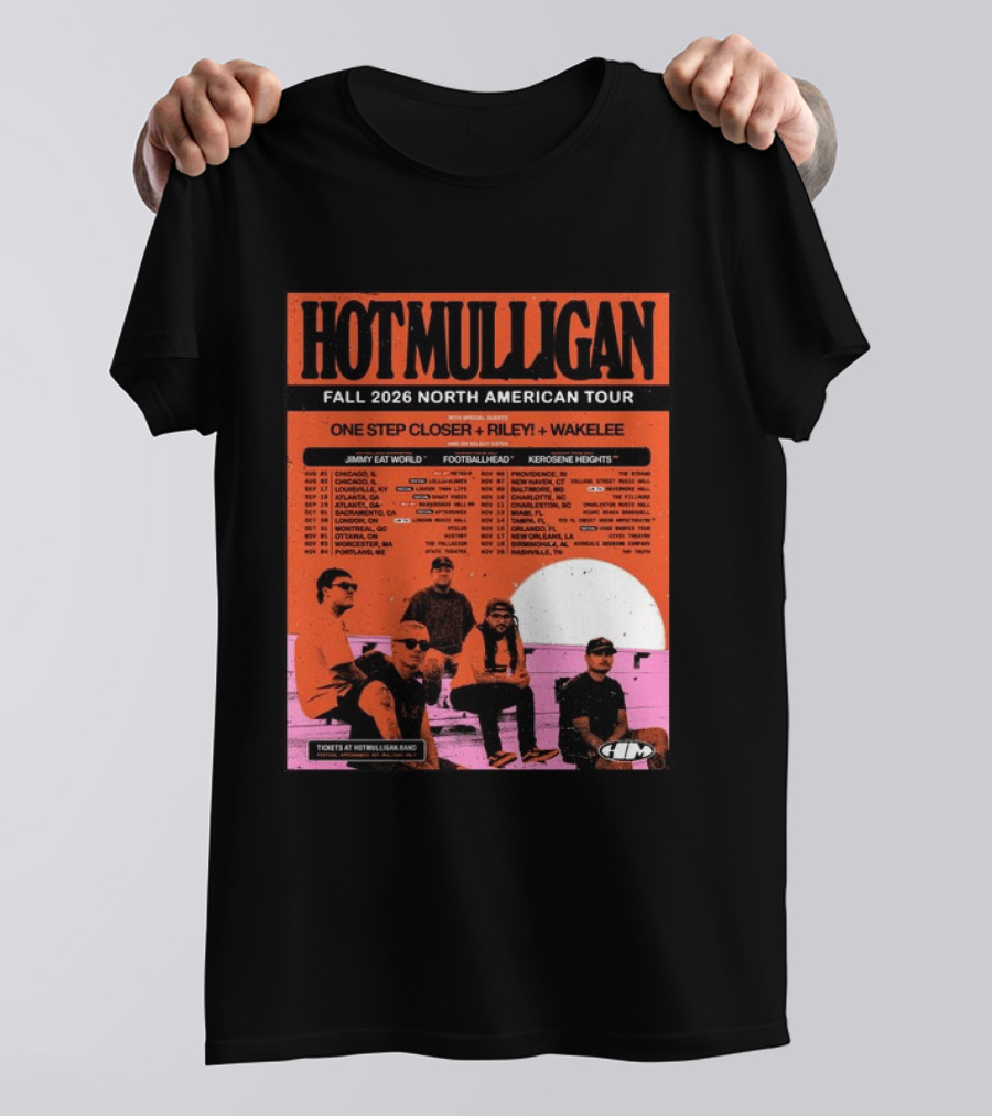 Hot Mulligan Fall 2026 Tour Dates With One Step Closer Riley Wakelee Jimmy Eat World Footballhead Kerosene Heights T-Shirt