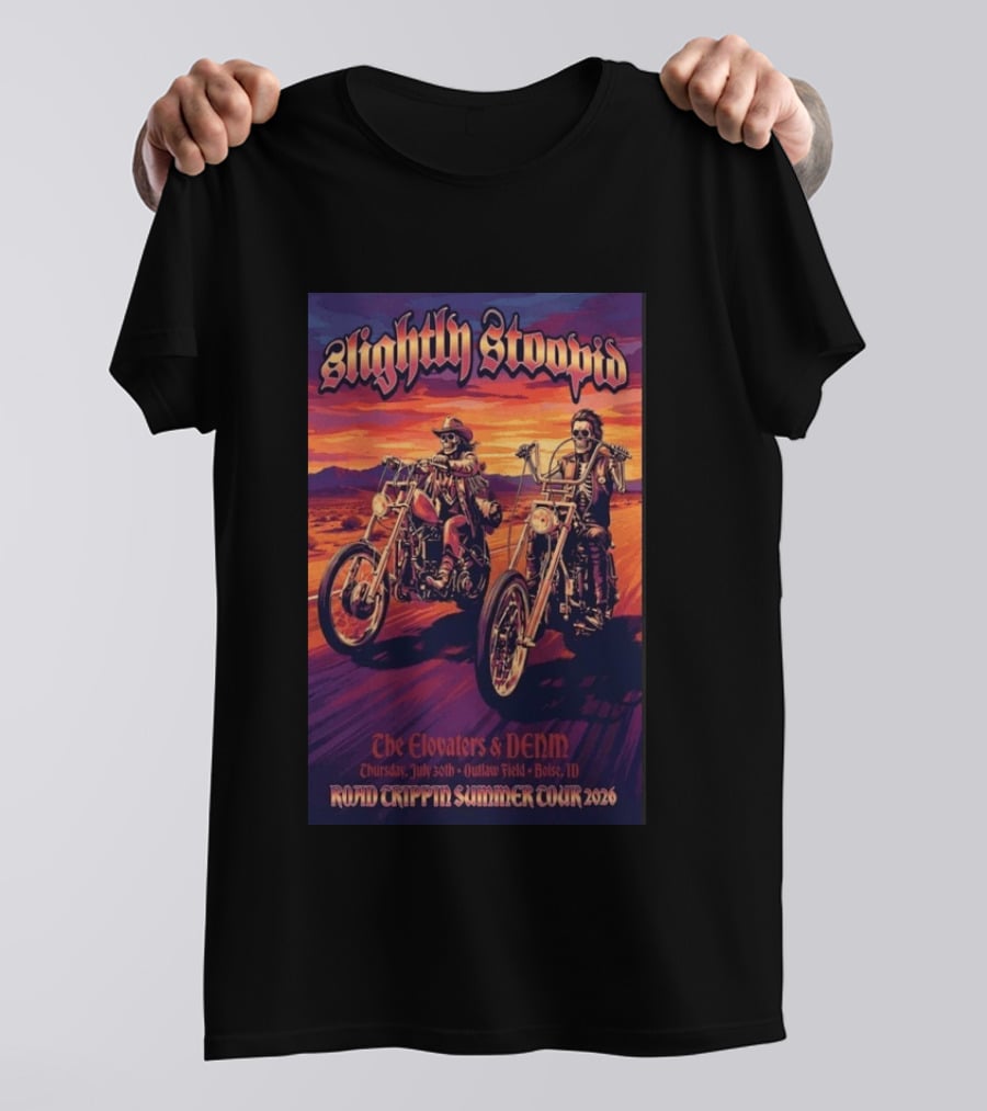 Slightly Stoopid Road Trippin Summer Tour 2026 The Elovaters DENM Boise Thursday July 30 Outlaw Field T-Shirt