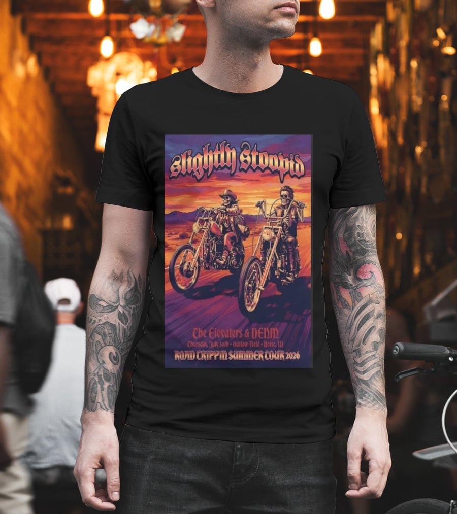 Slightly Stoopid Road Trippin Summer Tour 2026 The Elovaters DENM Boise Thursday July 30 Outlaw Field T-Shirt