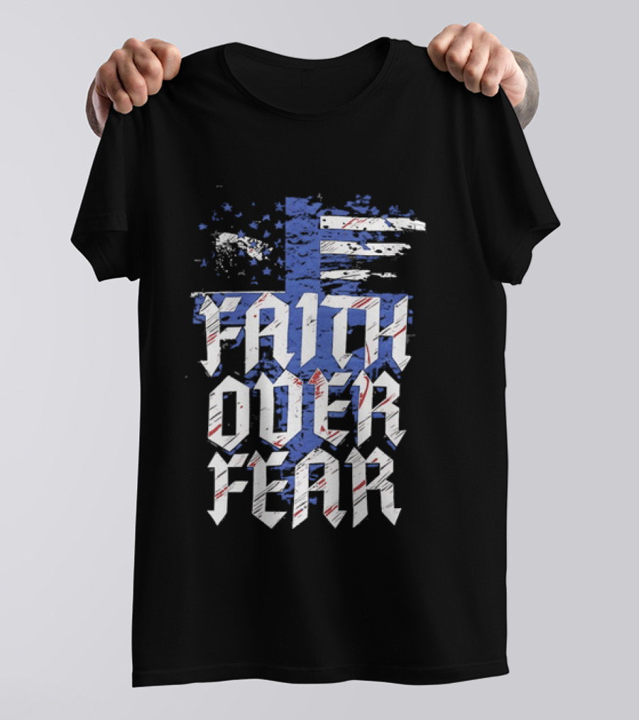 Faith Over Fear Distressed American Flag Cross T-Shirt