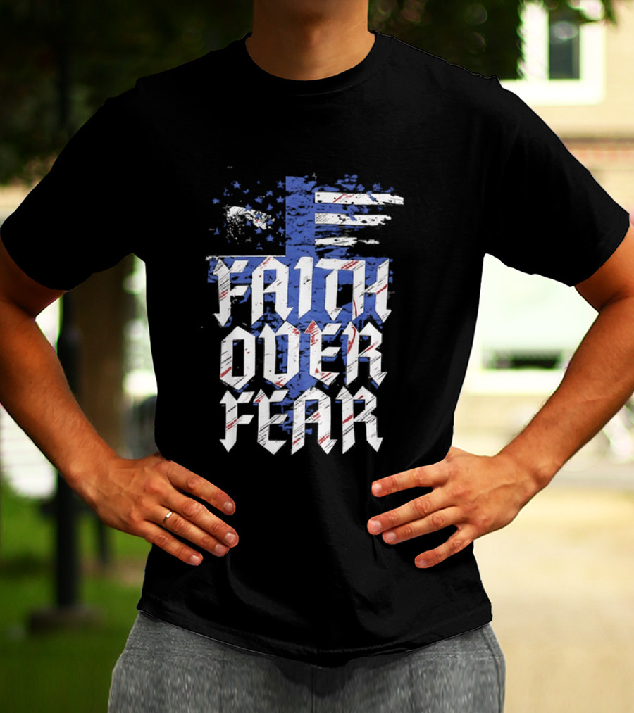 Faith Over Fear Distressed American Flag Cross T-Shirt