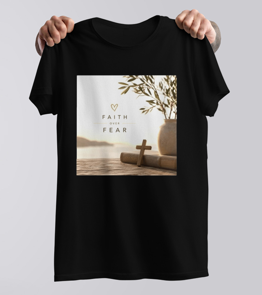 Faith Over Fear Christian Cross Heart With Bible And Olive Branches T-Shirt