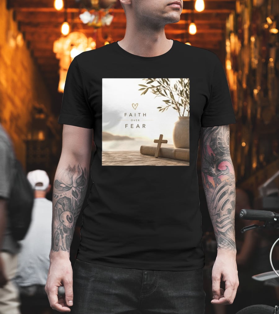 Faith Over Fear Christian Cross Heart With Bible And Olive Branches T-Shirt