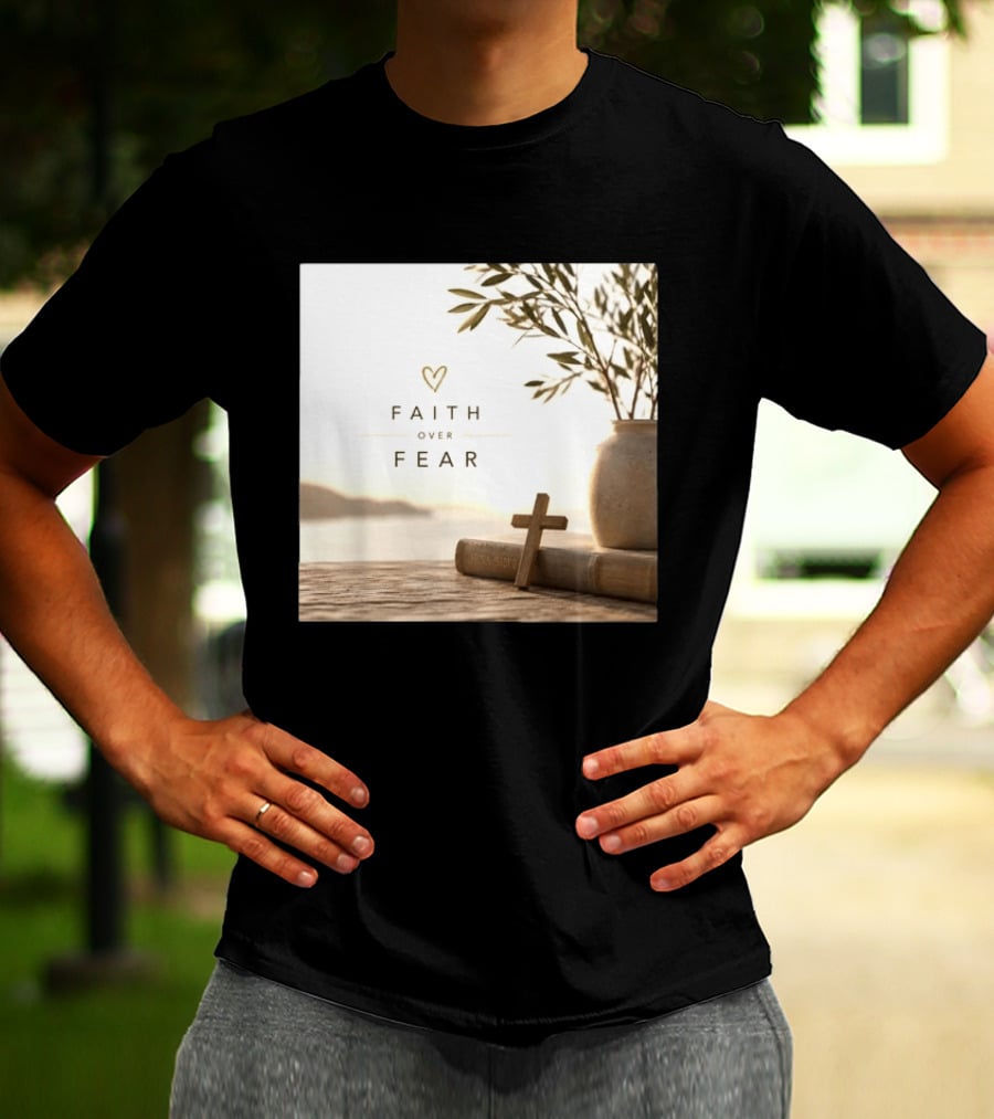 Faith Over Fear Christian Cross Heart With Bible And Olive Branches T-Shirt
