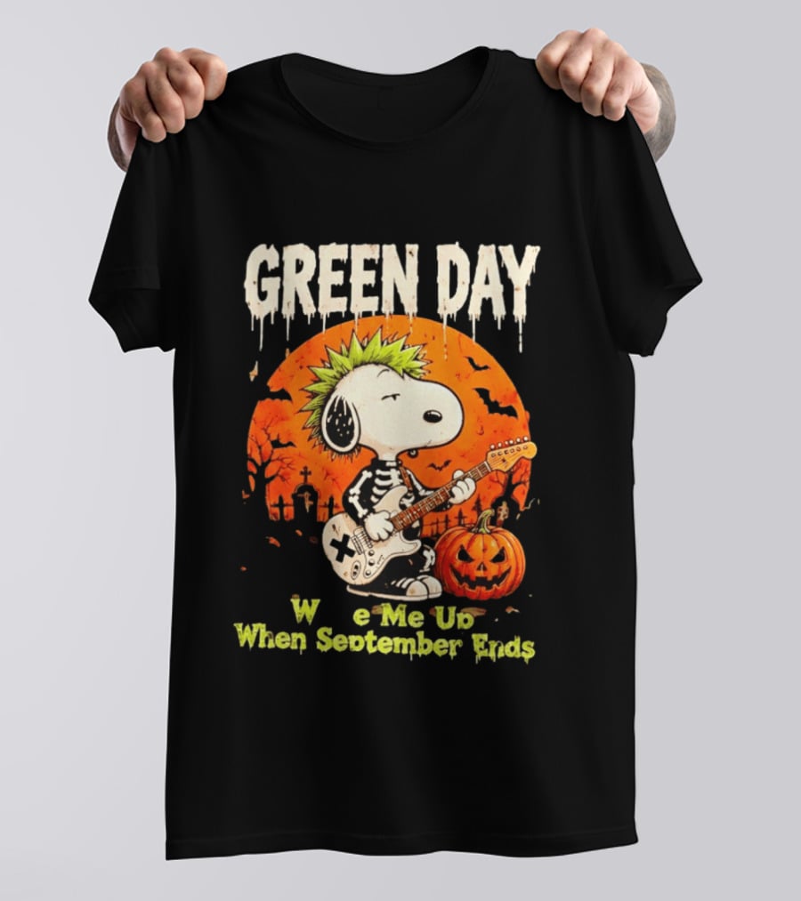 Green Day Snoopy Skeleton Guitar Wake Me Up When September Ends Halloween Pumpkin T-Shirt