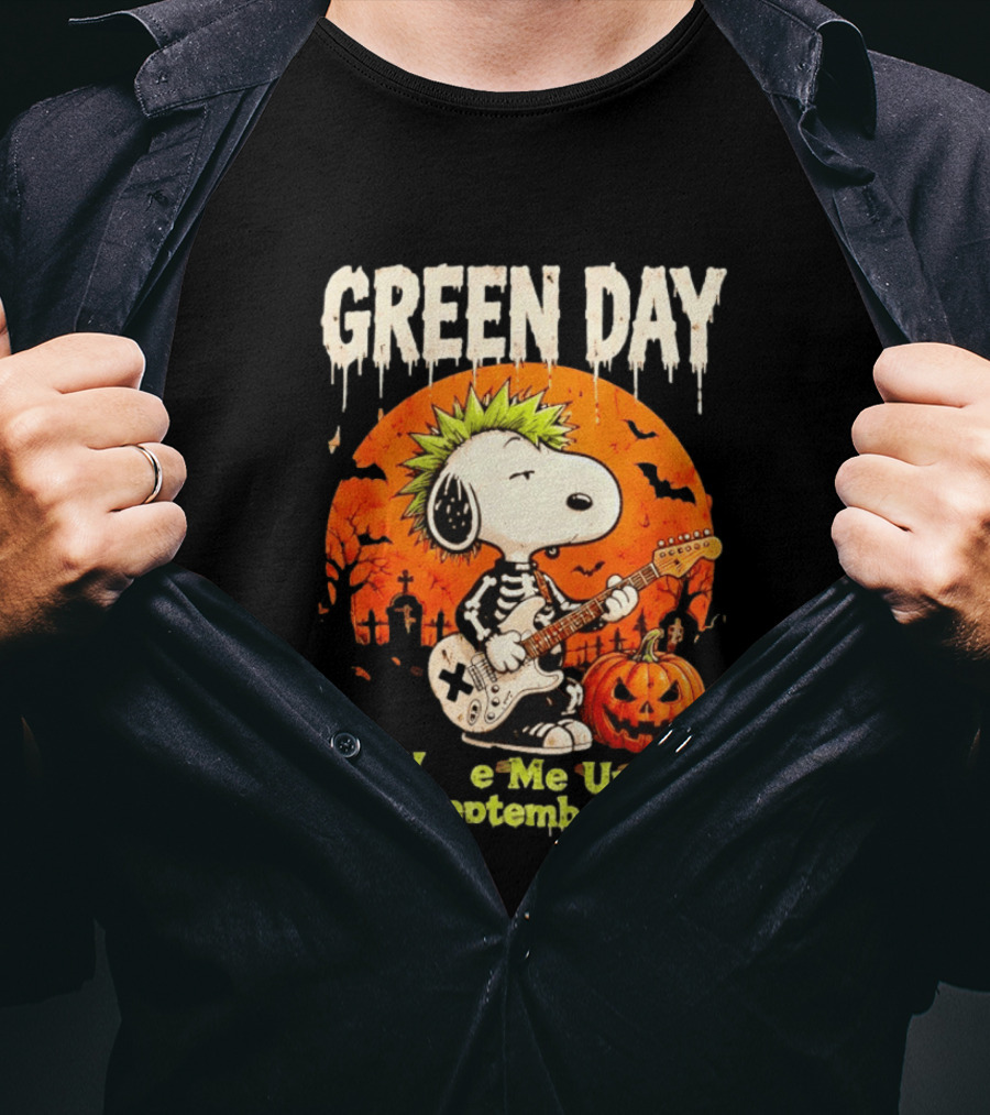 Green Day Snoopy Skeleton Guitar Wake Me Up When September Ends Halloween Pumpkin T-Shirt