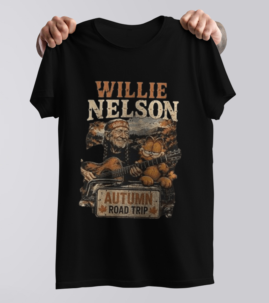 Willie Nelson Autumn Road Trip With Orange Cat T-Shirt