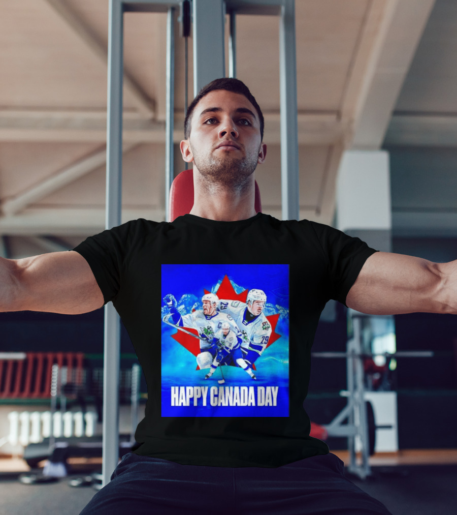 Abbotsford Canucks Happy Canada Day Celebration Collage With Hockey Players And Maple Leaf T-Shirt
