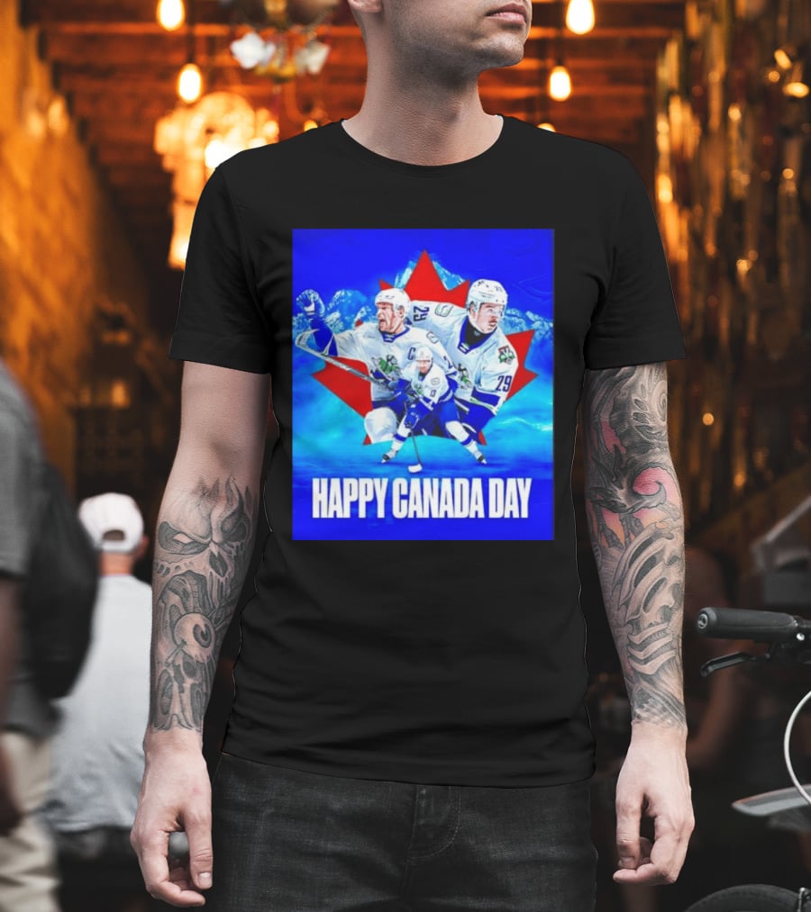 Abbotsford Canucks Happy Canada Day Celebration Collage With Hockey Players And Maple Leaf T-Shirt