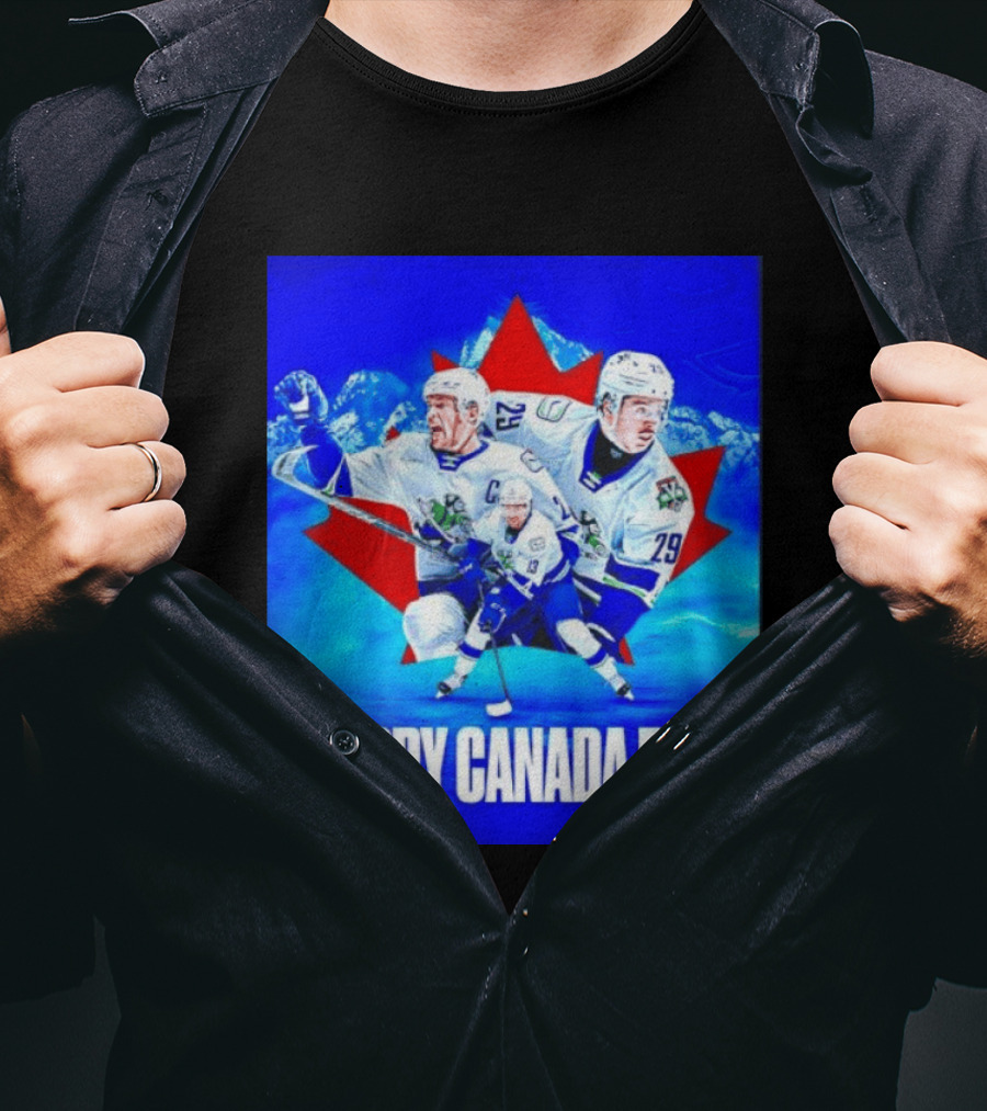Abbotsford Canucks Happy Canada Day Celebration Collage With Hockey Players And Maple Leaf T-Shirt