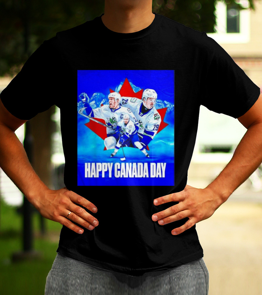 Abbotsford Canucks Happy Canada Day Celebration Collage With Hockey Players And Maple Leaf T-Shirt