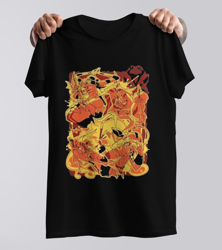 Helluva Boss Satan Characters In Fiery Yellow And Red T-Shirt