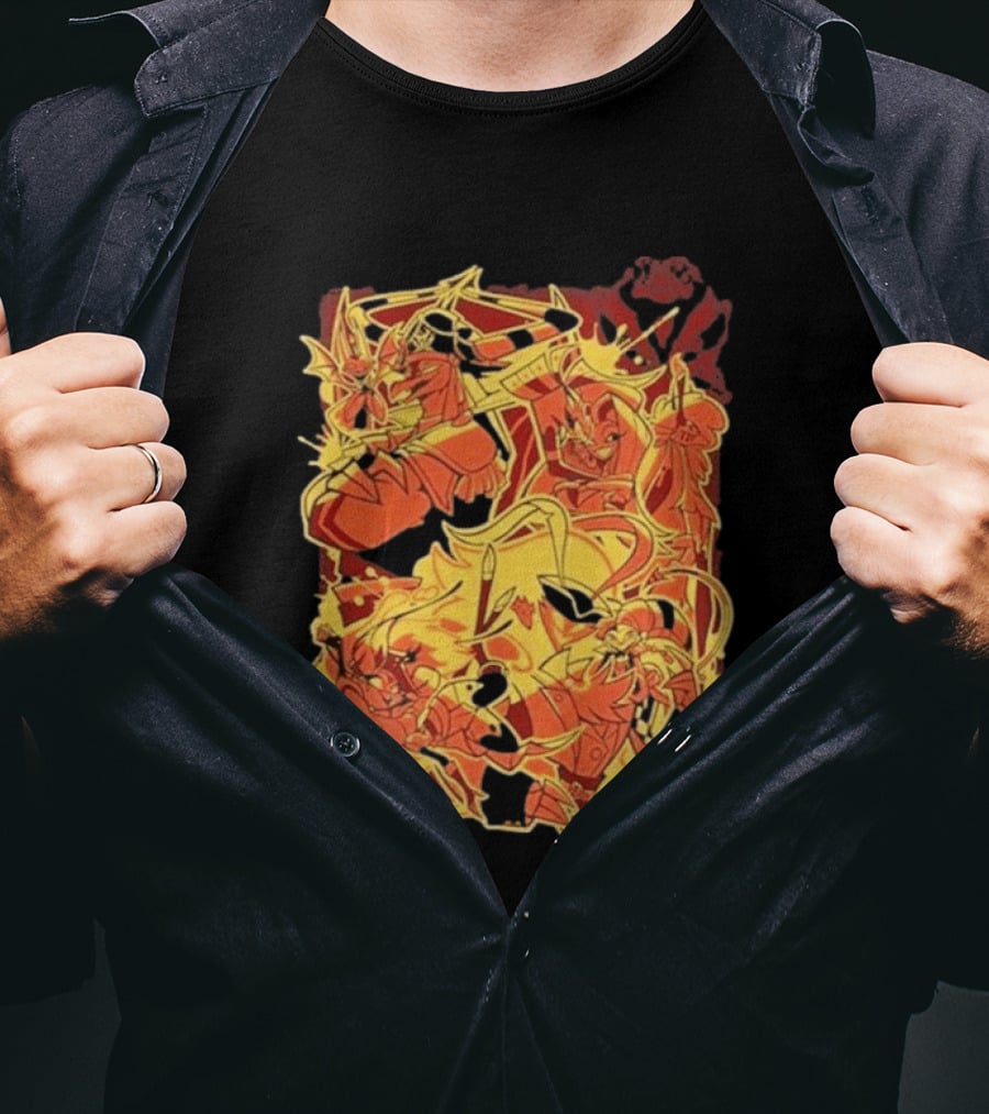 Helluva Boss Satan Characters In Fiery Yellow And Red T-Shirt