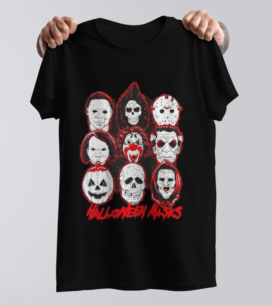 Horror Movie Characters Halloween Masks Skeleton Clown Jack O' Lantern T-Shirt