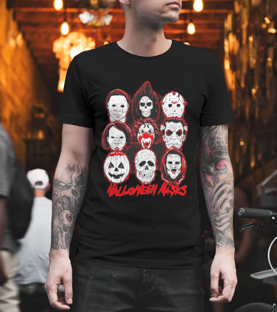 Horror Movie Characters Halloween Masks Skeleton Clown Jack O' Lantern T-Shirt