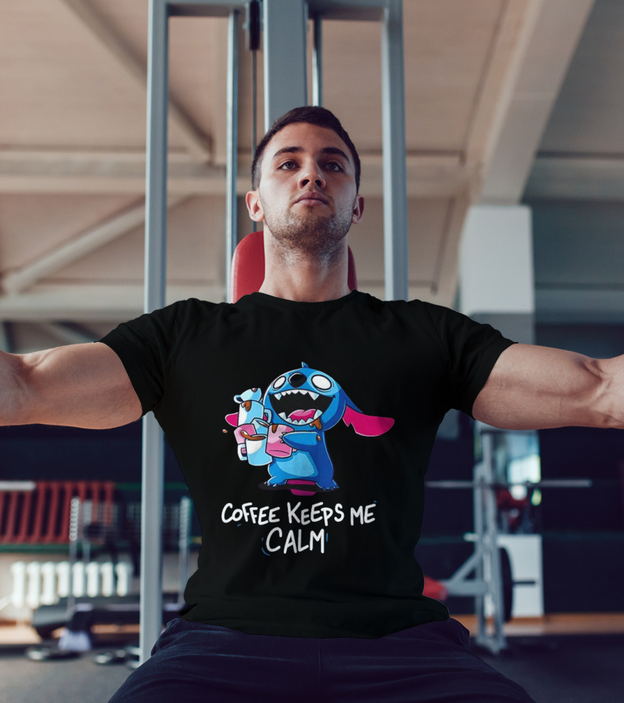 Stitch Coffee Keeps Me Calm Cute Character Drinking Coffee T-Shirt