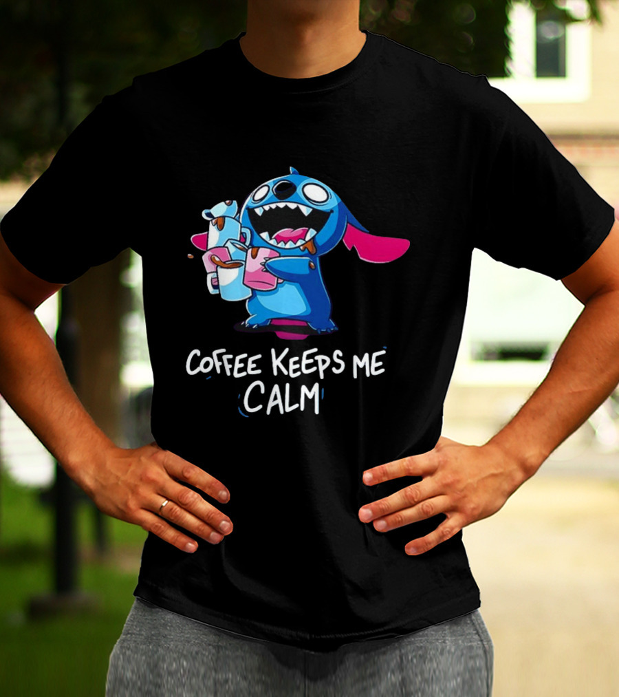 Stitch Coffee Keeps Me Calm Cute Character Drinking Coffee T-Shirt