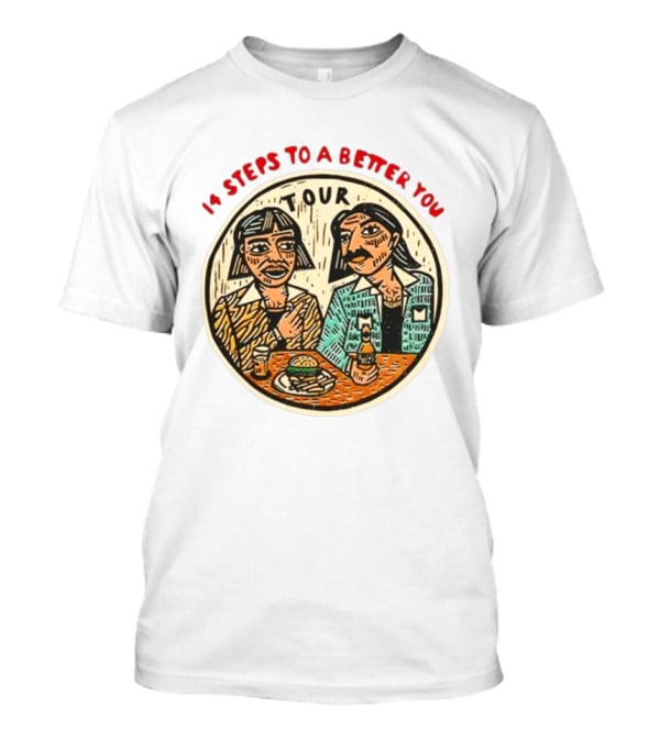 14 Steps To A Better You Tour Oval Illustration With Two Seated Individuals T-Shirt