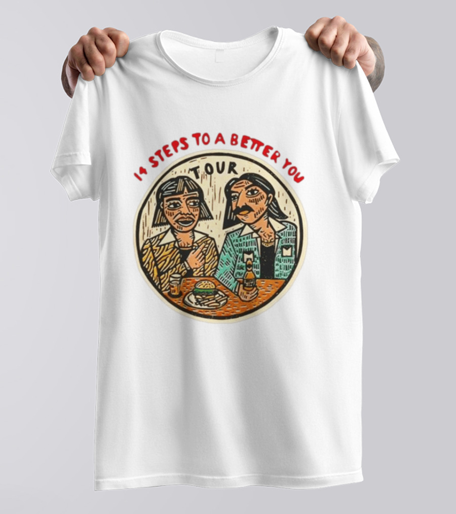 14 Steps To A Better You Tour Oval Illustration With Two Seated Individuals T-Shirt