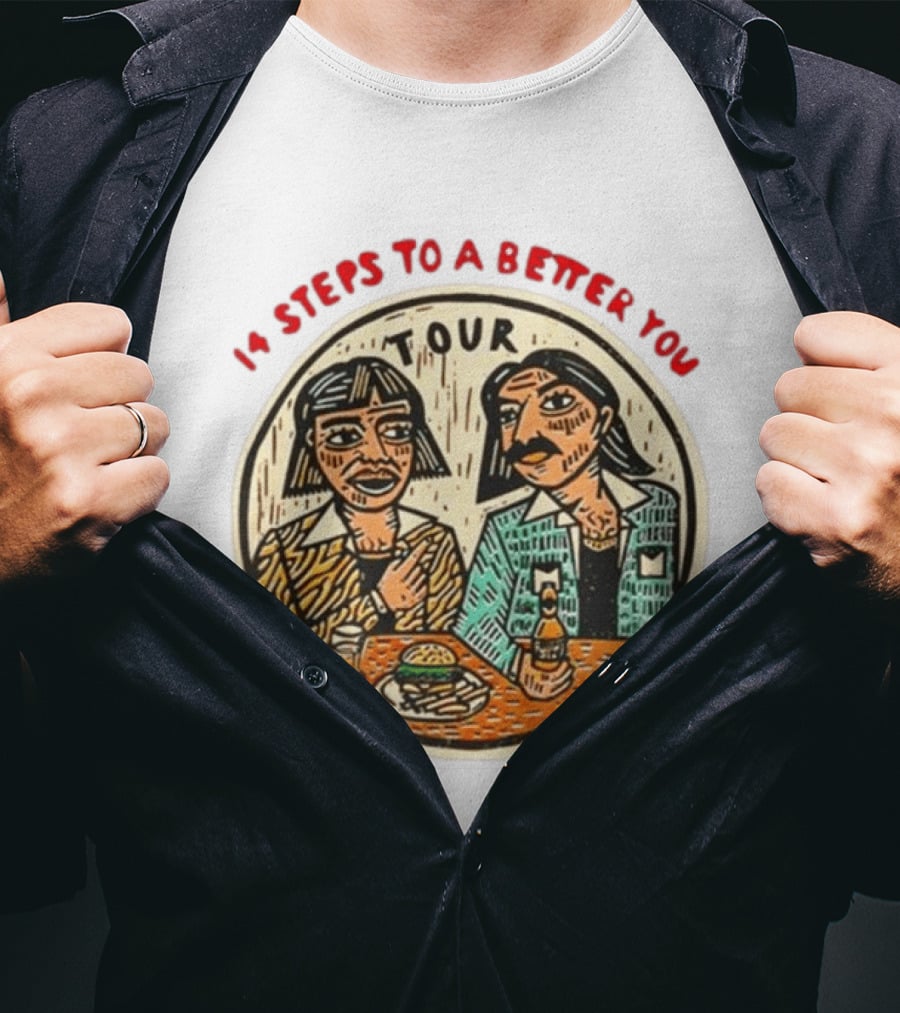 14 Steps To A Better You Tour Oval Illustration With Two Seated Individuals T-Shirt