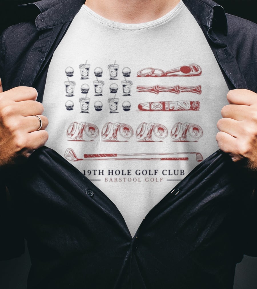 19th Hole Golf Club American Flag Bartool Golf T-Shirt
