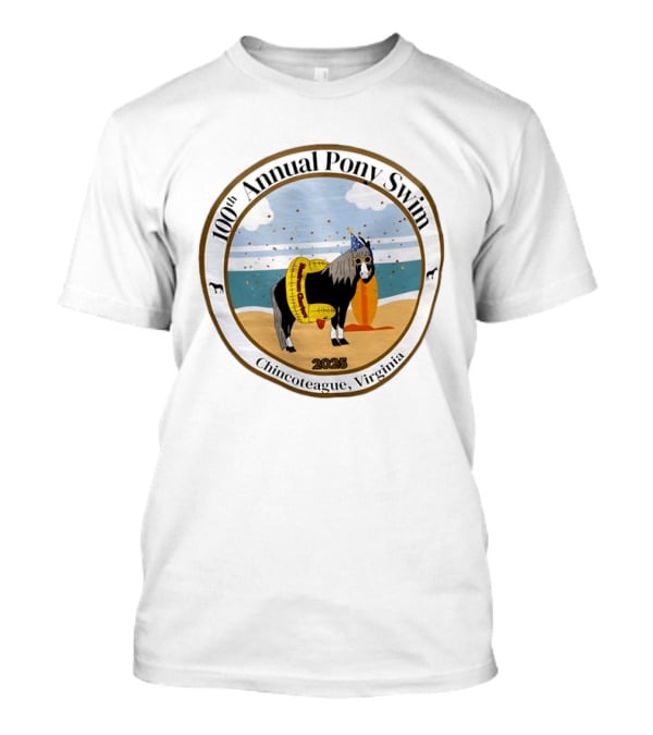 100th Annual Pony Swim Chincoteague Virginia 2025 Beach Scene With Pony And Surfboard T-Shirt