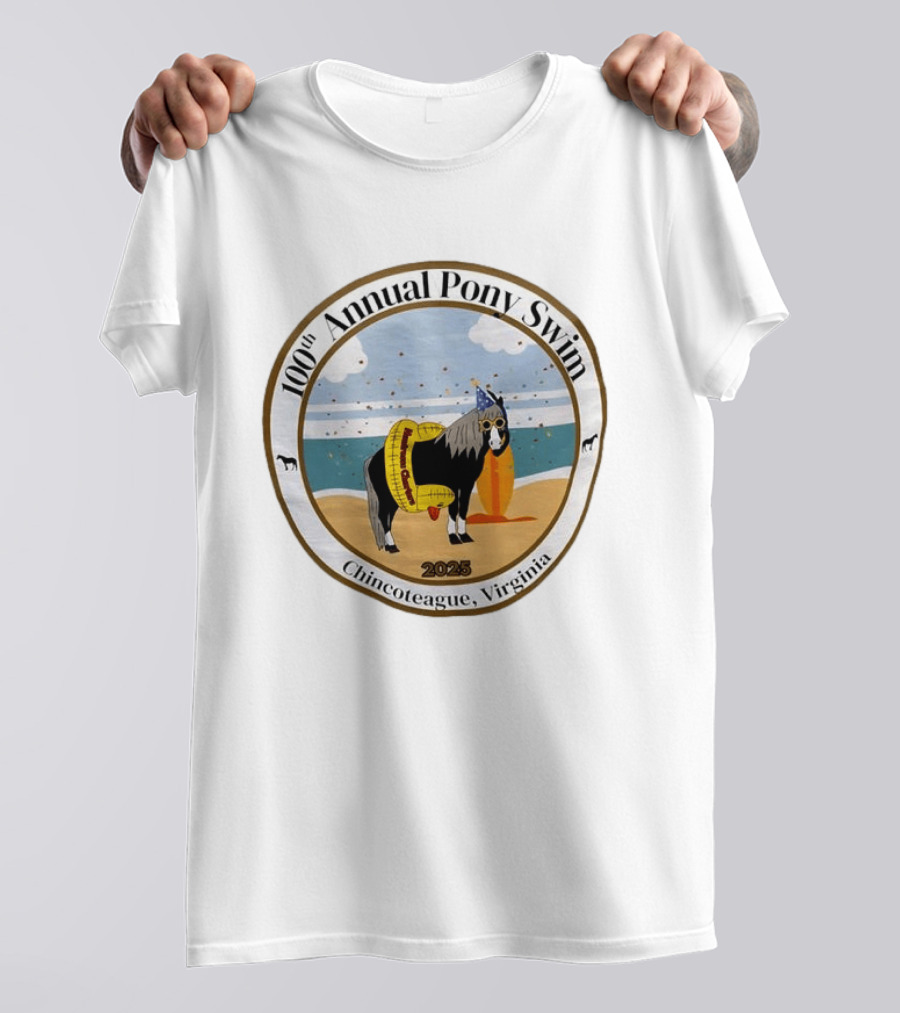 100th Annual Pony Swim Chincoteague Virginia 2025 Beach Scene With Pony And Surfboard T-Shirt