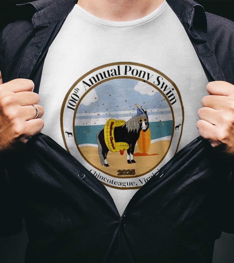 100th Annual Pony Swim Chincoteague Virginia 2025 Beach Scene With Pony And Surfboard T-Shirt