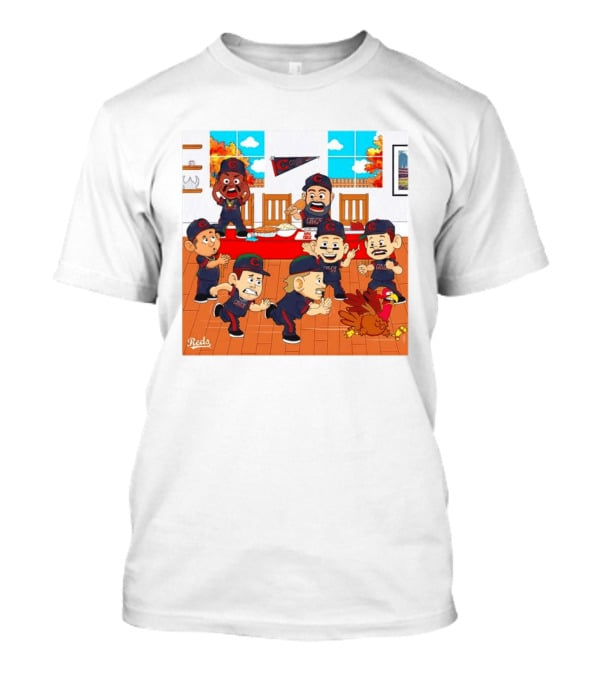 Cincinnati Reds Thanksgiving Chaos Cartoon Scene With Characters And Turkey T-Shirt