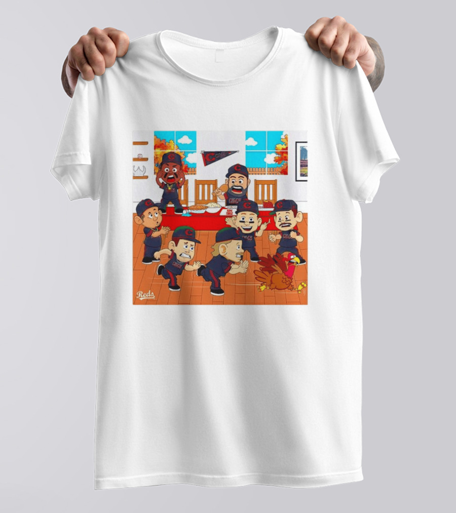Cincinnati Reds Thanksgiving Chaos Cartoon Scene With Characters And Turkey T-Shirt