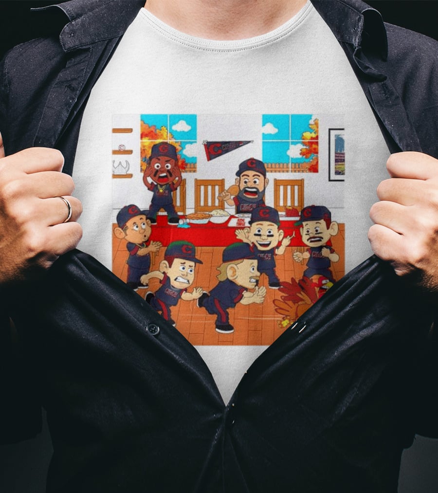 Cincinnati Reds Thanksgiving Chaos Cartoon Scene With Characters And Turkey T-Shirt
