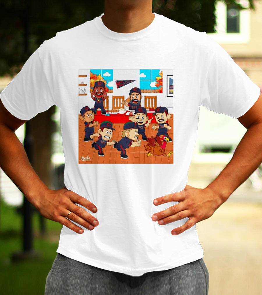 Cincinnati Reds Thanksgiving Chaos Cartoon Scene With Characters And Turkey T-Shirt