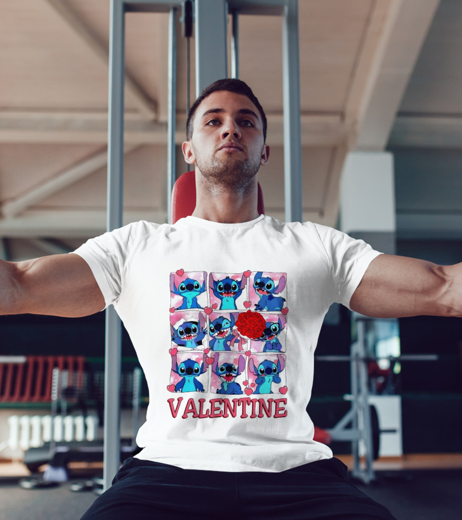 Disney Stitch Rose Flowers Valentine Love Hearts Happy Day T-Shirt