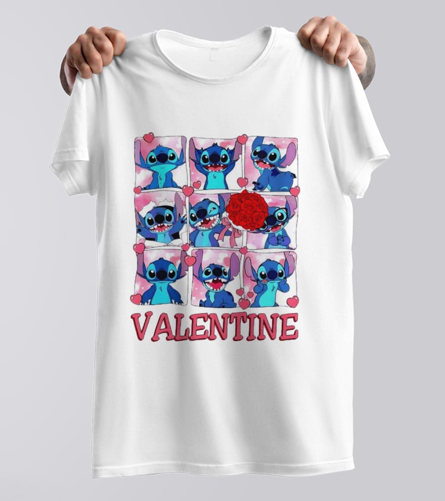 Disney Stitch Rose Flowers Valentine Love Hearts Happy Day T-Shirt