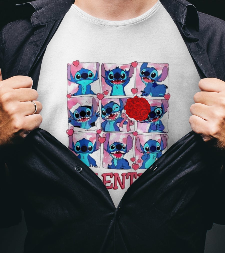 Disney Stitch Rose Flowers Valentine Love Hearts Happy Day T-Shirt