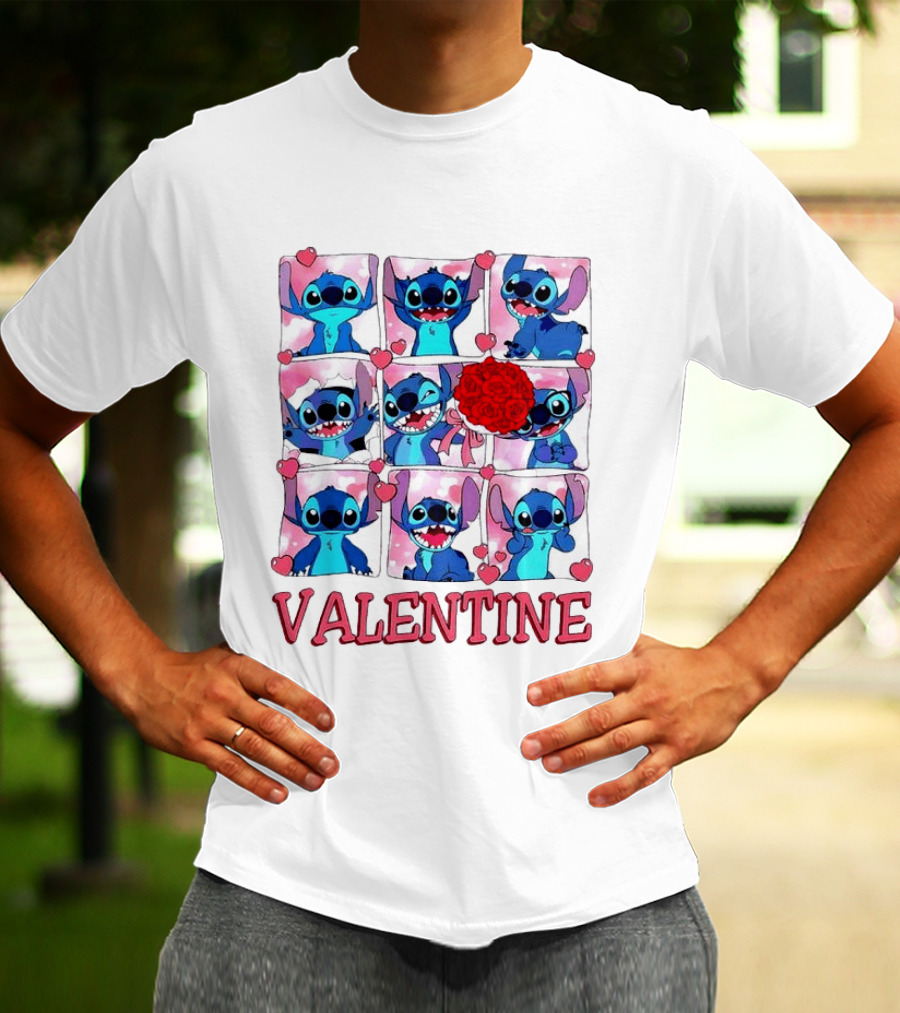 Disney Stitch Rose Flowers Valentine Love Hearts Happy Day T-Shirt