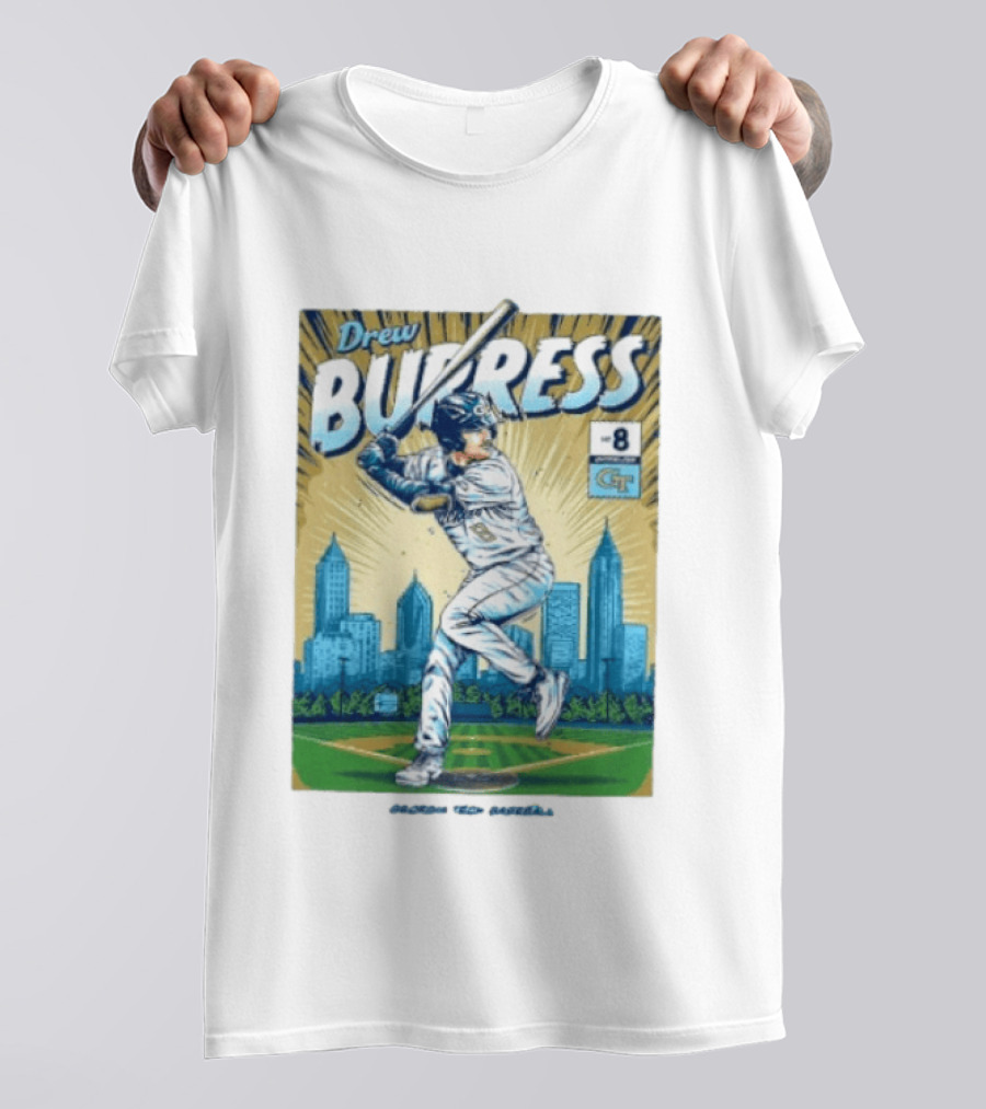 Drew Burress #8 Georgia Tech Baseball Comic Style Retro Cityscape T-Shirt