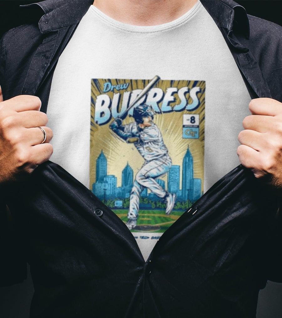 Drew Burress #8 Georgia Tech Baseball Comic Style Retro Cityscape T-Shirt
