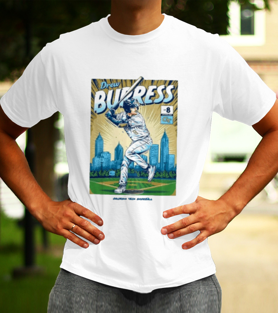 Drew Burress #8 Georgia Tech Baseball Comic Style Retro Cityscape T-Shirt