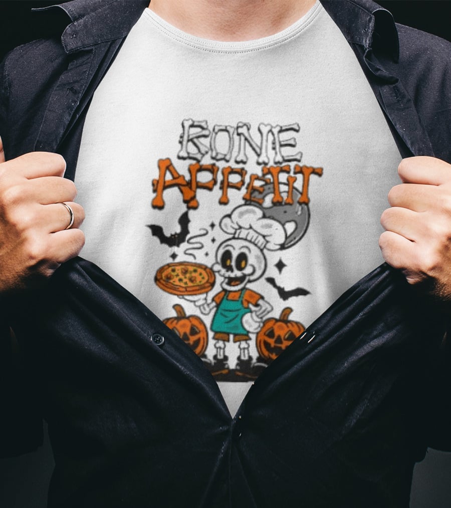 Bone Appetit Skeleton Chef Halloween Pizza Pumpkin Bats T-Shirt