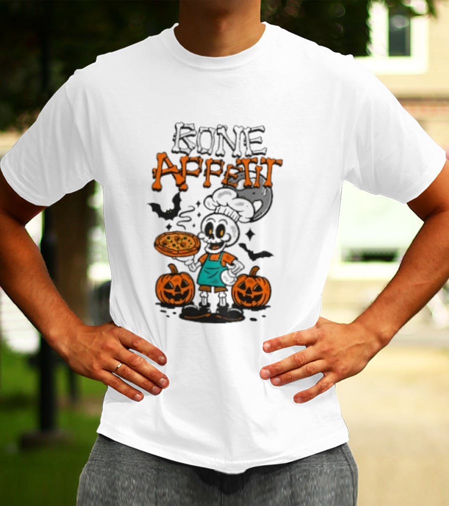 Bone Appetit Skeleton Chef Halloween Pizza Pumpkin Bats T-Shirt