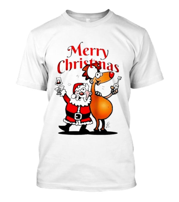 Merry Christmas Santa Claus And Reindeer Toast With Drinks T-Shirt