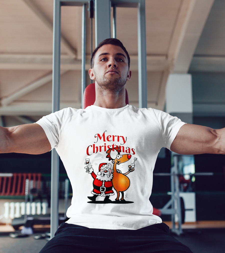 Merry Christmas Santa Claus And Reindeer Toast With Drinks T-Shirt
