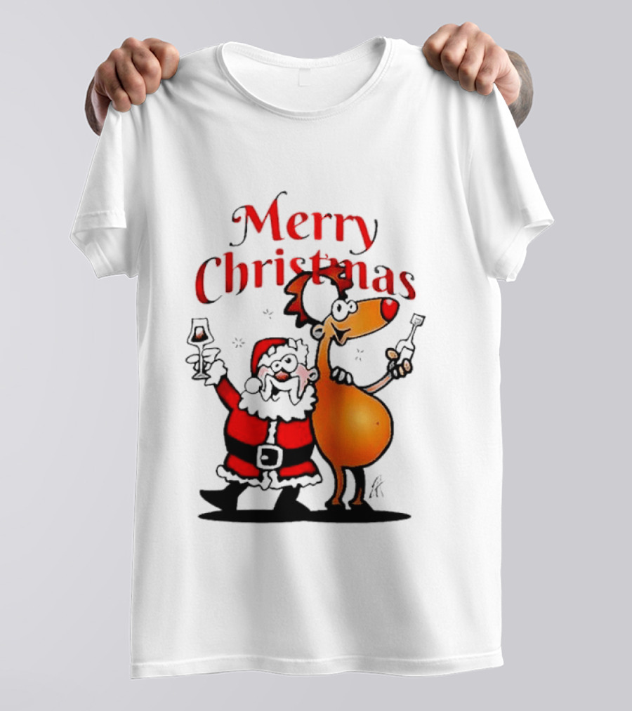 Merry Christmas Santa Claus And Reindeer Toast With Drinks T-Shirt